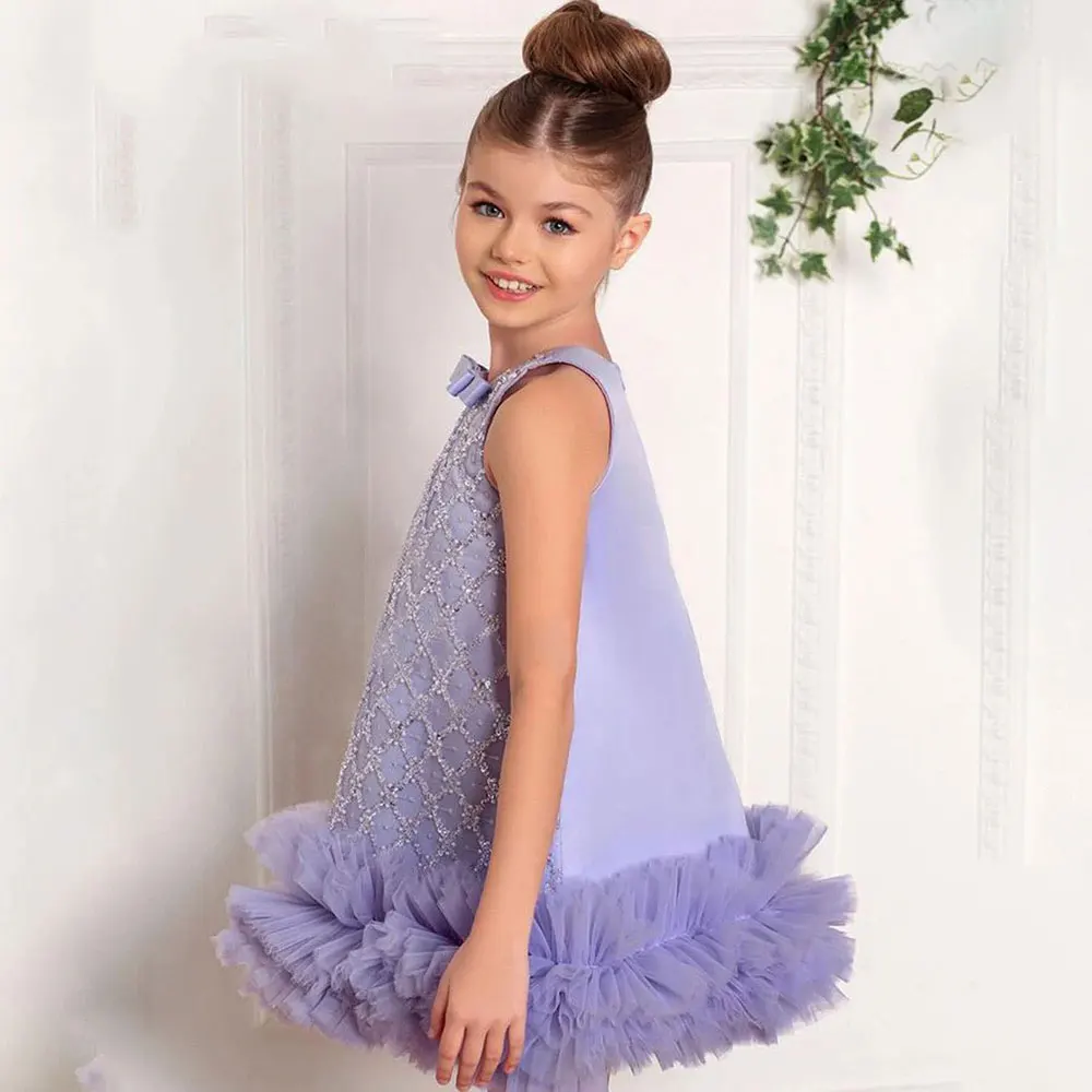 Lilac Flower Girl Dress For Wedding Sleeveless O-neck Sequins With Bow Puffy Baby Birthday First Communion Ball Gowns