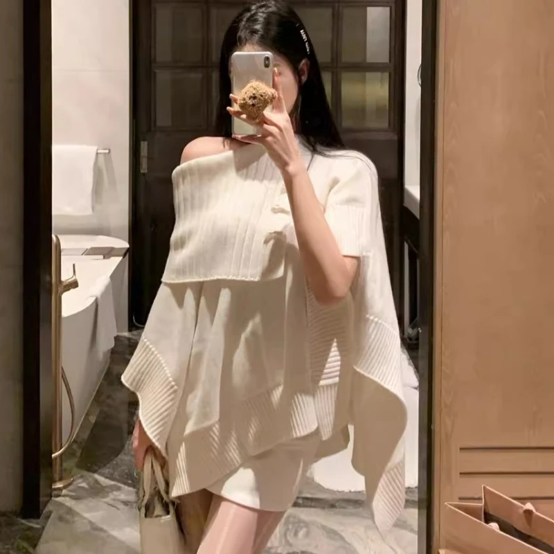 

Модный зимний плащ-шаль с открытыми плечами, вязаные свитера, элегантный свободный свитер-накидка нестандартной формы, женские осенние топы, верхняя одежда