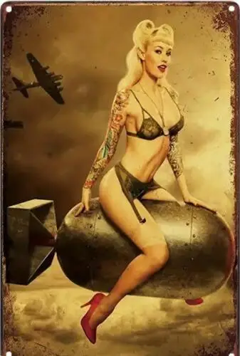 MILITARY METAL TIN SIGN SEXY PIN UP TATTOO GIRL ON MISSILE SEXY LEGS LINGERIE sign sign
