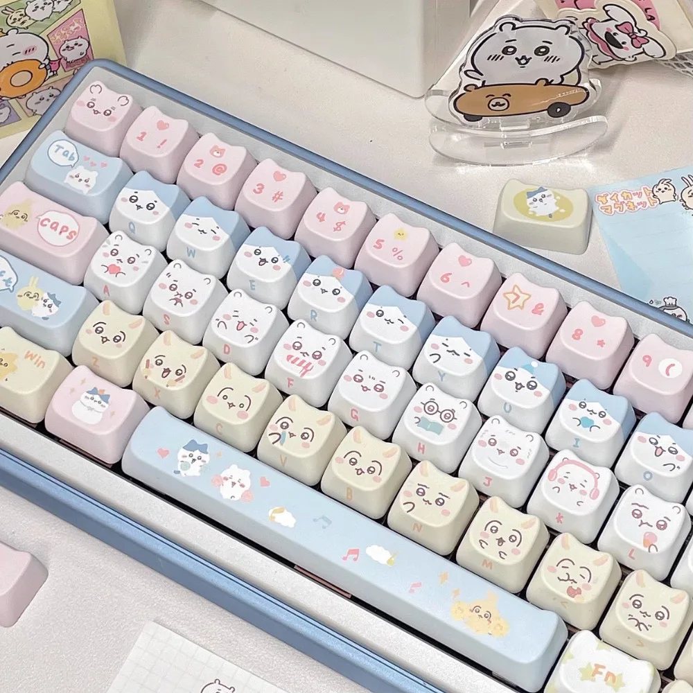 bonito chikawa tema keycap grupo pbt custom kawaii cat ear cap teclado para menina perfil mao teclado mecanico 141key 01