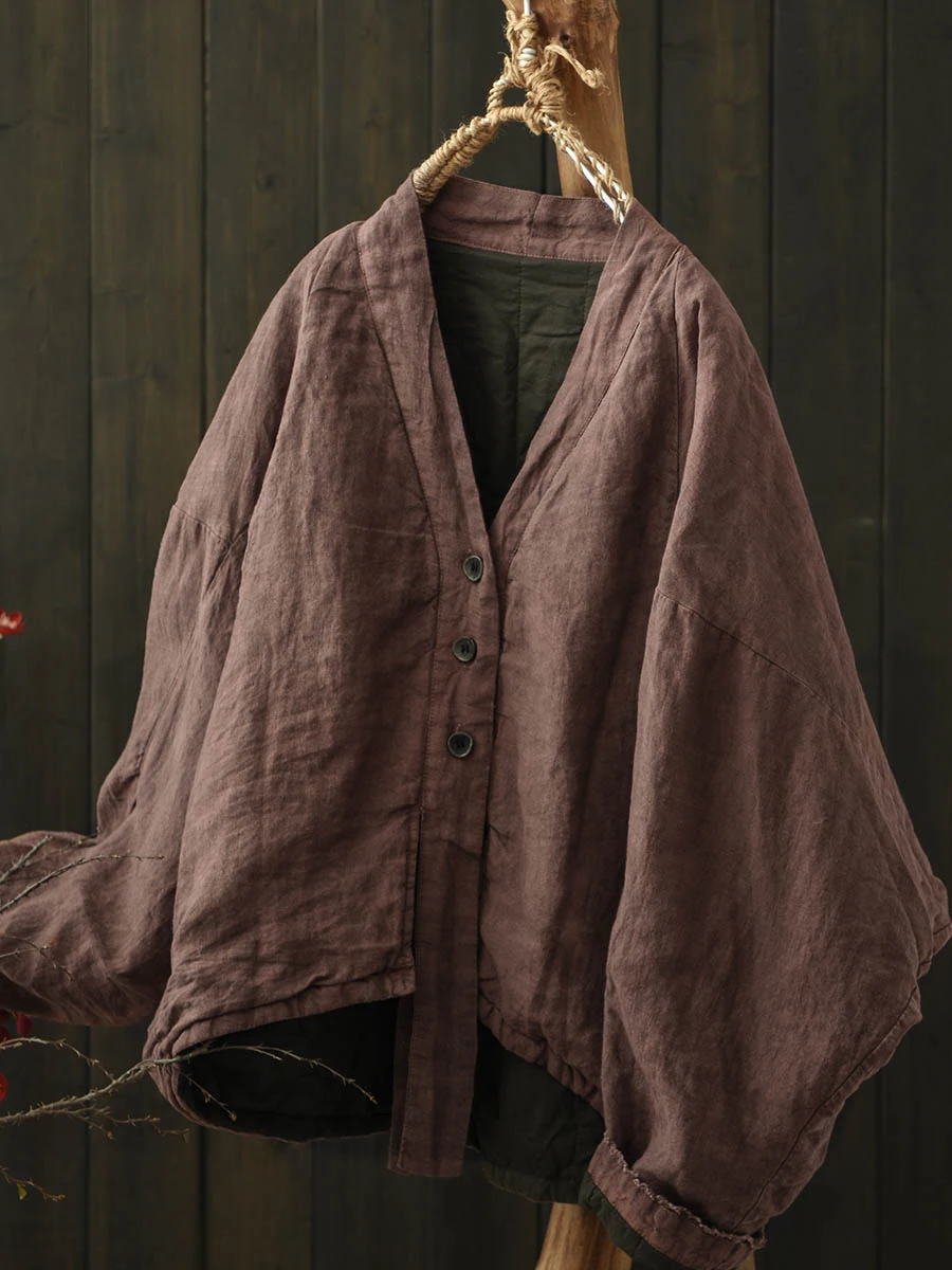 

Worn-In Linen Cotton Blend Short Jacket V-Neck Batwing Sleeve Women's Winter Coat Durable Artistic Style Thickened Cotton Inner