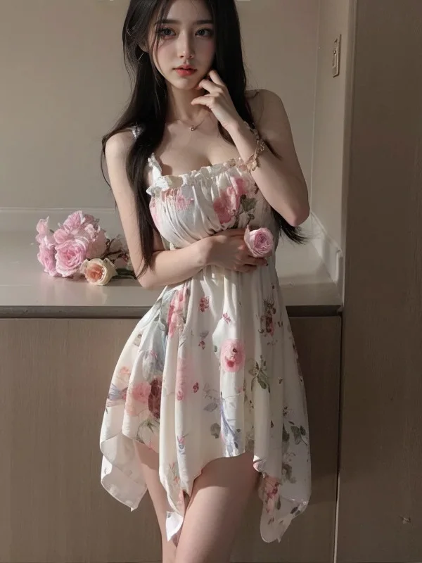 Underwear Sexy Fragmented Flower Dress Transparent Sleepwear Sling Slim Fit Waist Appear Thin Irregular Dress Hem ZUH7