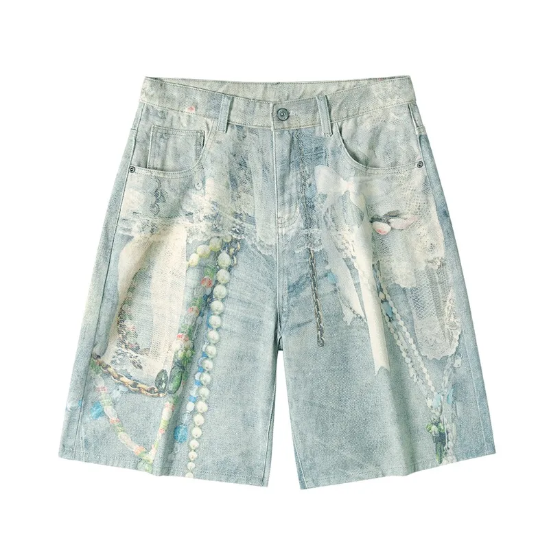 Summer New Lace Pearl Chain Print Men's Jeans Loose Casual Splatterpaint Printed Wide Leg Cropped Knee Lengt Pants view 6