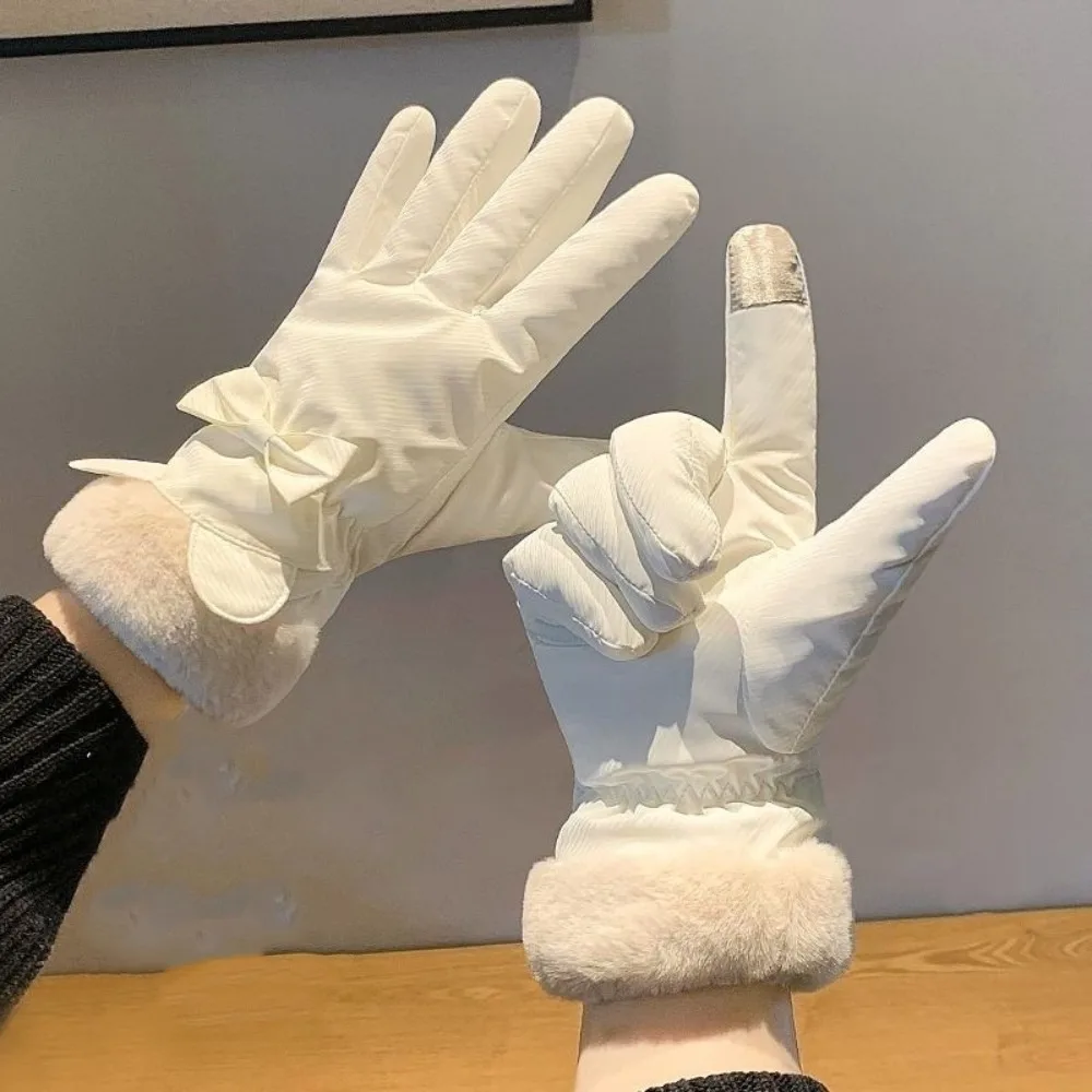 Пуховые хлопковые варежки с бантом, антихолодные варежки с сенсорным экраном, водонепроницаемые плюшевые утолщенные перчатки Swen, сохраняющие тепло, атласные ветрозащитные перчатки для детей