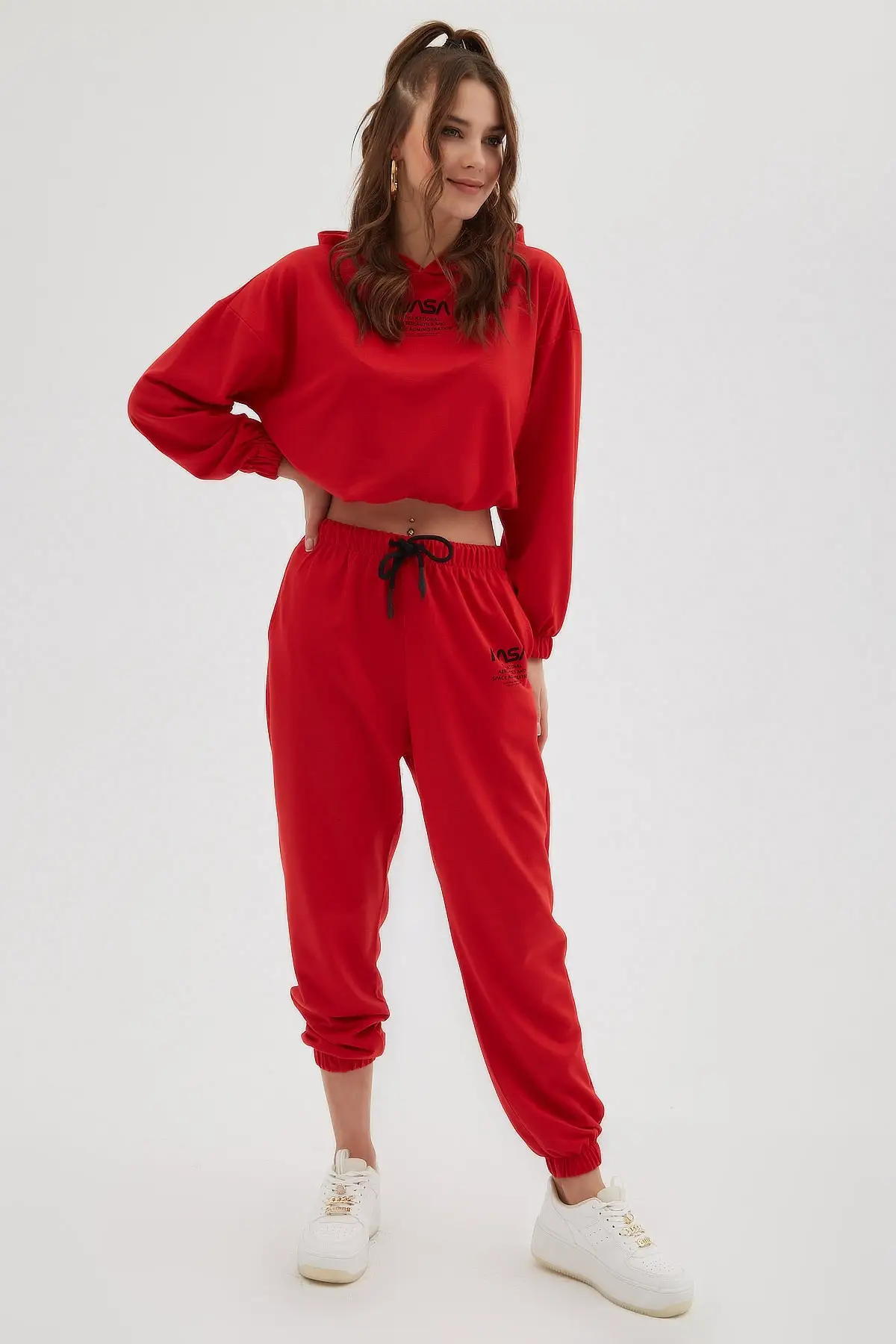 Women's Red Nasa Printed Hooded Jogger Tracksuit Set