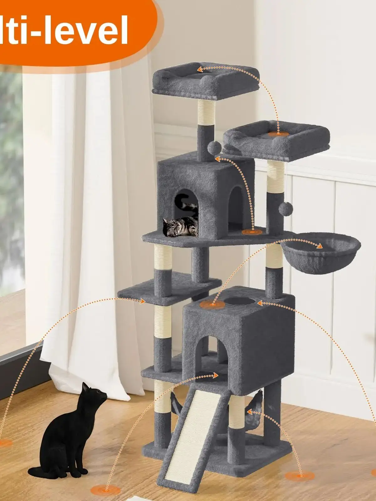 Dogat Katzenkratzbaum 158cm – Kletterturm mit 7 Kratzsäulen, 2 Häusern & 2 Hängematten, für Hauskatzen