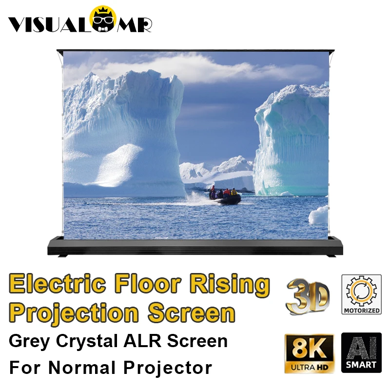 2024 New Electric Floor Rising Grey Crystal ALR Projection Screen Ambient Light Rejecting 72-150inch 3D/4K for Normal Projectors