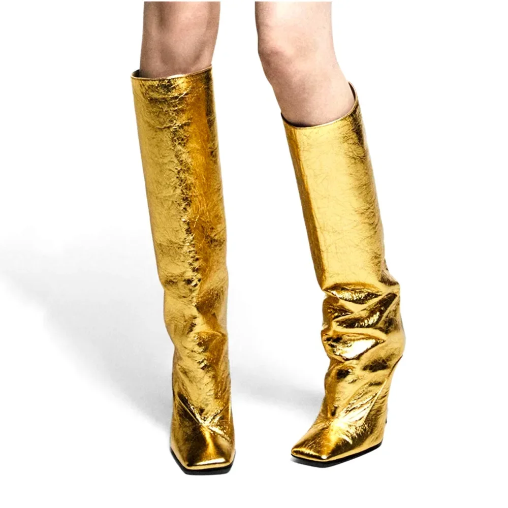 

Женские плиссированные сапоги до колена на шпильке с золотым квадратным носком, зима 202, флуоресцентные зеленые высокие сапоги без шнуровки, модная женская обувь