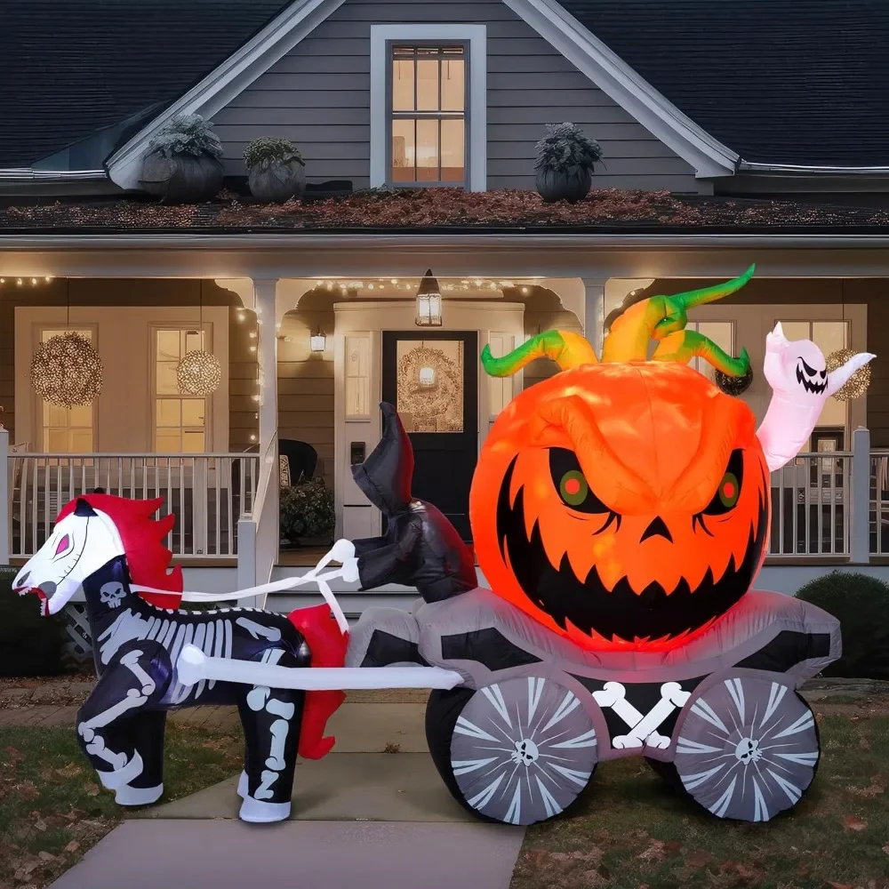 Image of 8 Fuß langer Kürbiswagen, Halloween-Aufblasartikel, Außendekoration, aufblasbarer Kürbiswagen mit integrierten LEDs, zum Aufblasen für den Garten, Halloween-Aufblasartikel, Partydekoration für den