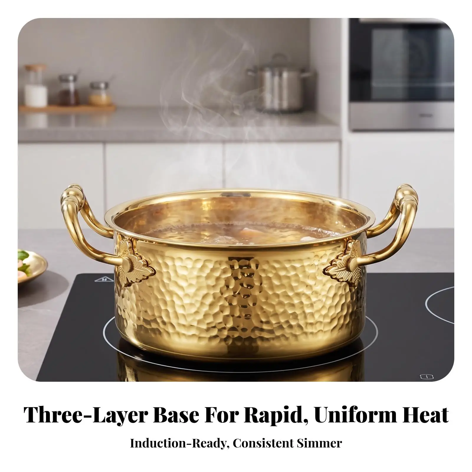 Rust Resistant Cooking Vessel Single Serving Steel Hot Pot with Botanical Side Handles and Matching Lid