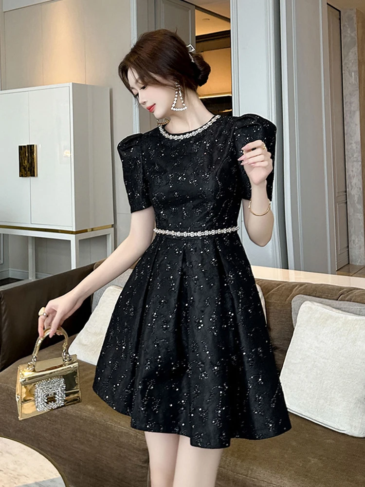 Elegant Luxury Lace Floral Diamonds O-Neck Pleated Mini Dress Women Clothes Sweet Short Sleeve Slim Short Party Birthday Vestido