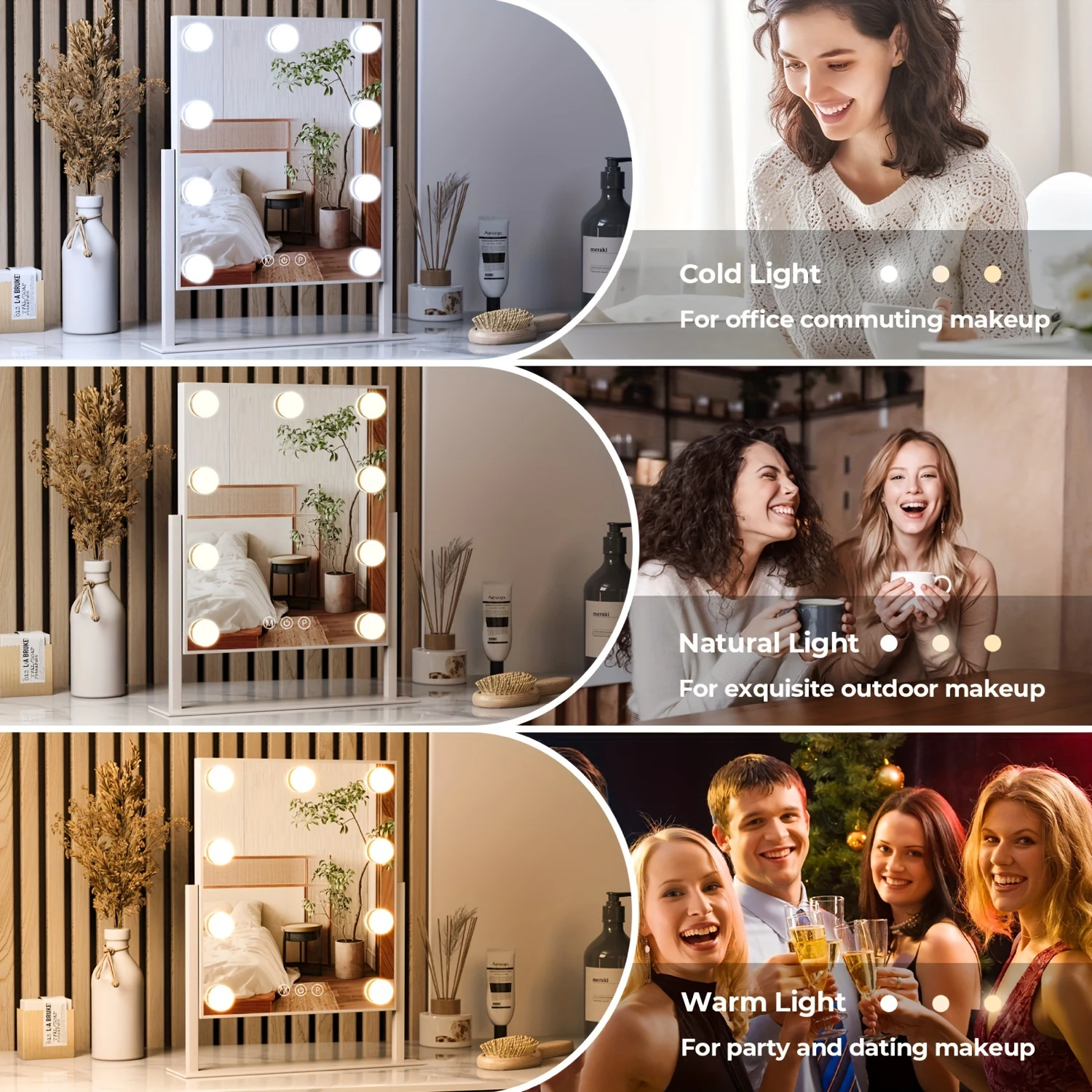 Miroir de courtoisie éclairé JFOSUP élégant avec grossissement 10X, lumières intelligentes à intensité variable et 360 °   Rotation, miroir de maquillage parfait pour