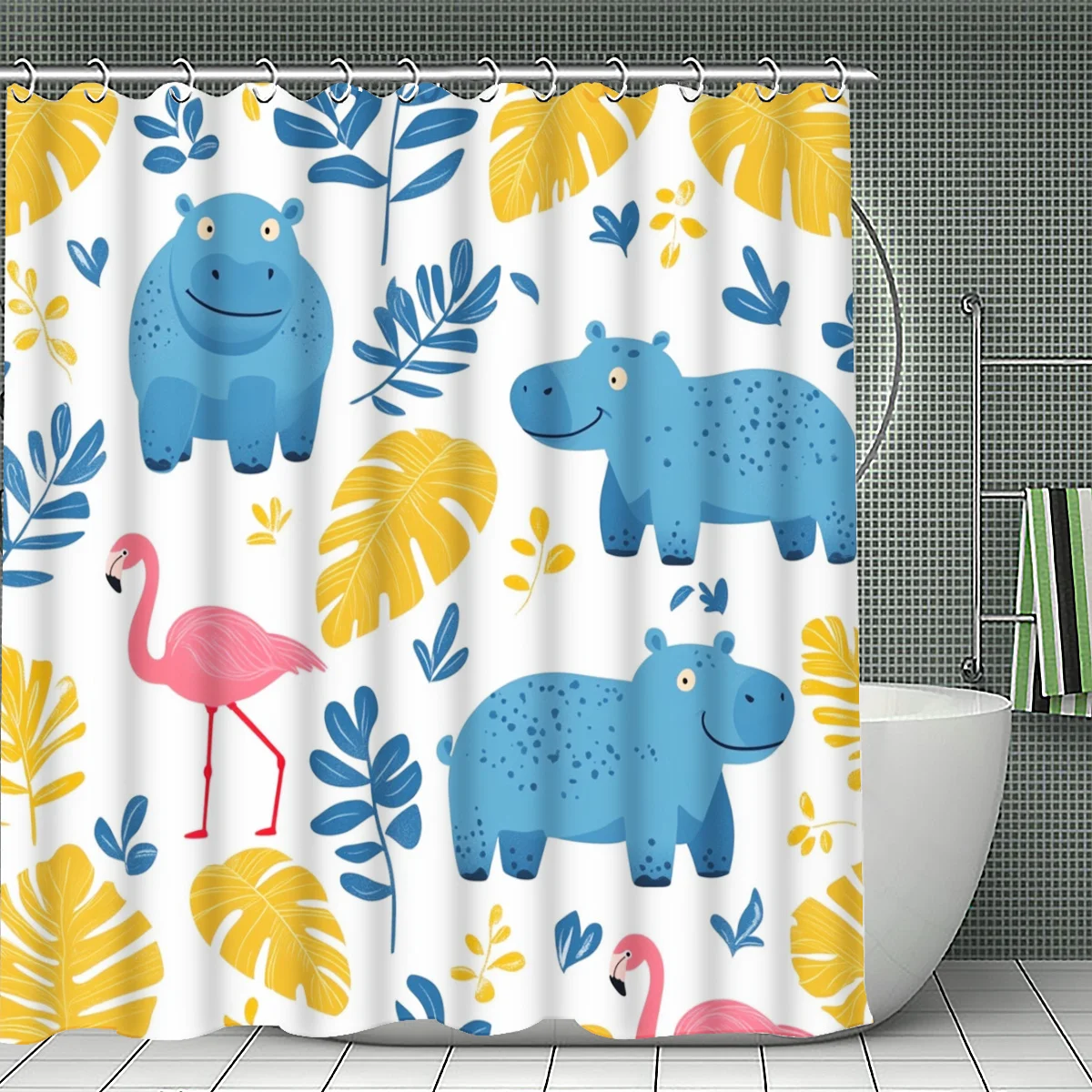 Cartoon Hippo & Flamingo Tropical Leaf Shower Curtain 1pc with 12 Hooks for Bathroom Home Decor Polyester 2D Flat Print