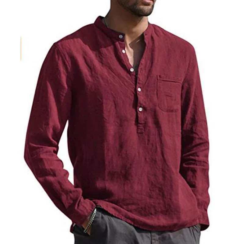 

S-5XL Cotton Linen Shirt Long Sleeves Crew Neck Men's 2025 Summer Simple Plain Blouse Button Down Tops Big Size