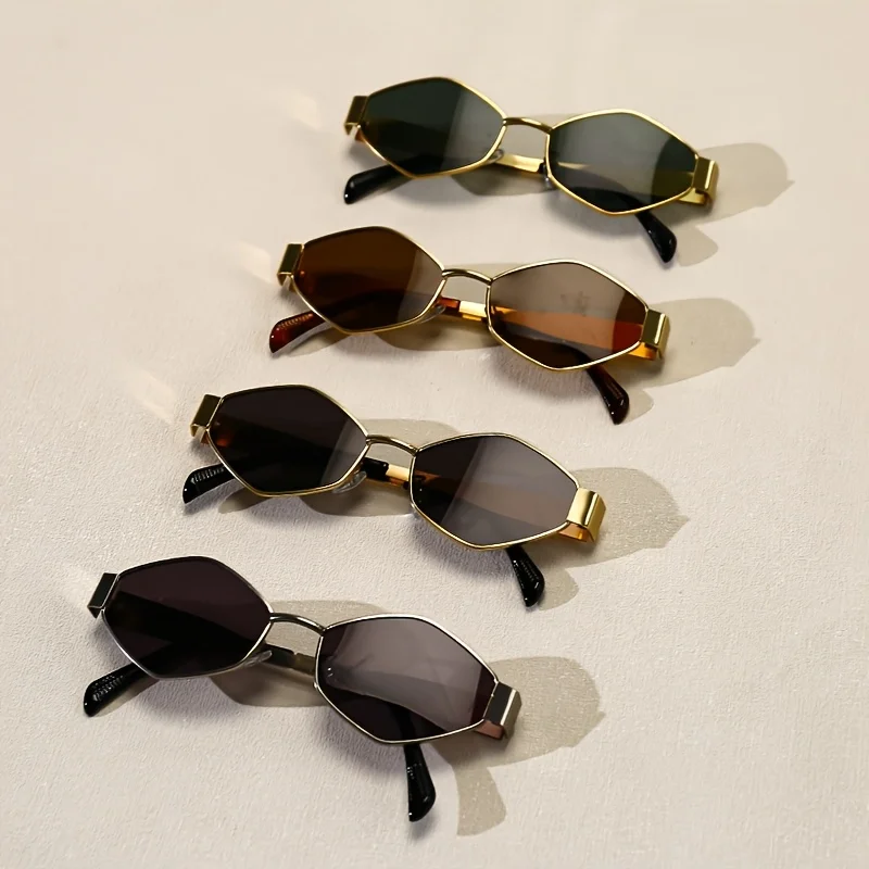 

4 шт. винтажные солнцезащитные очки Y2K с маленькой многоугольной оправой, стильные очки для уличной фотосъемки, металлические, в футуристическом стиле