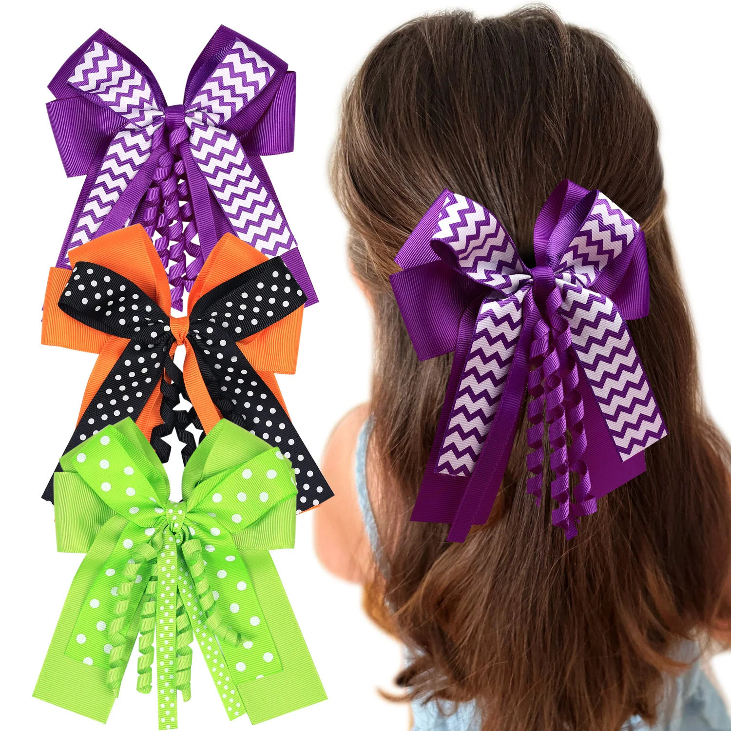 Halloween Hair Bow Clips Girls Spider Ghost Pumpkin Curly Corker Ribbon Cheer Bow Alligator Barrette Pins Decoration