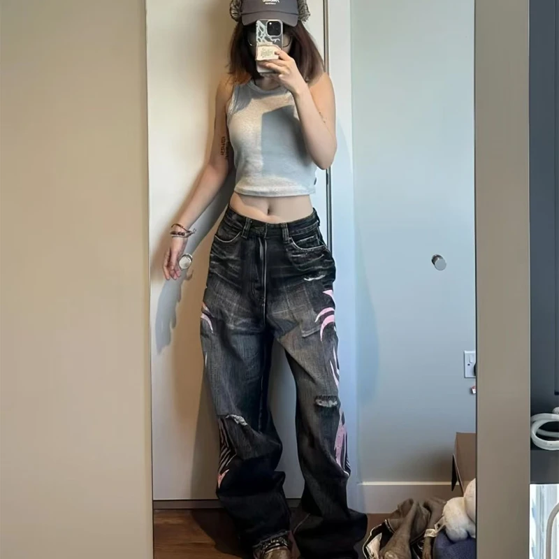 Y2K Aesthetics Goth Vintage Mottled Totem Print Baggy Jeans Women High Waist Wide Leg Jeans Women's Harajuku Punk Hip-Hop Jeans