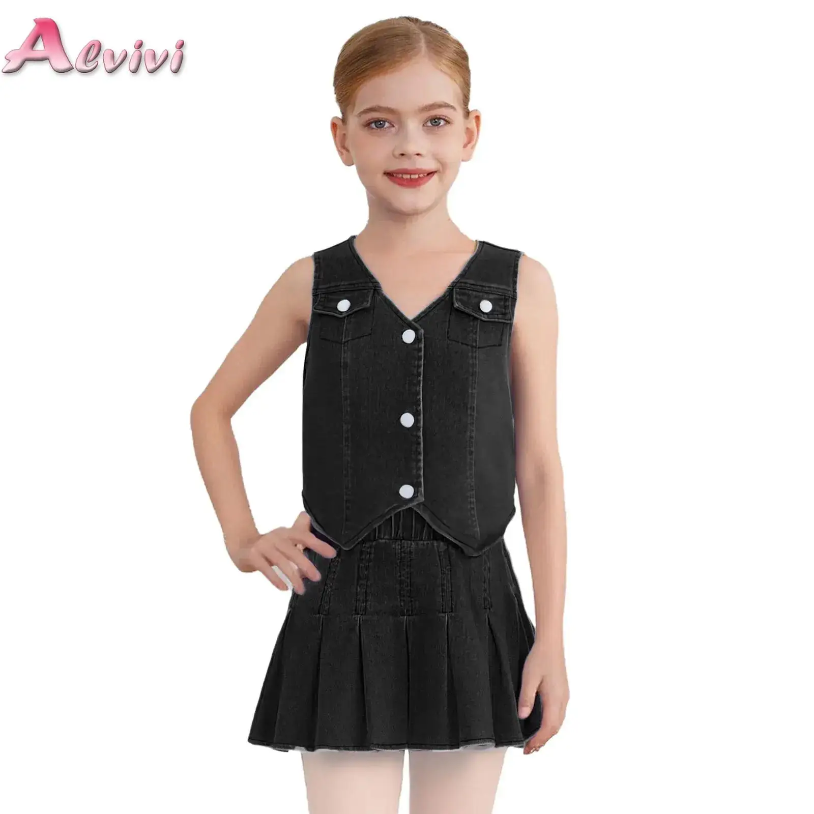 

2025 Kids Summer Clothing Big Girls Denim 2Pcs Set Fashion Asymmetrical Hem Crop Vest Top with Pleated Skirt Denim Outfit