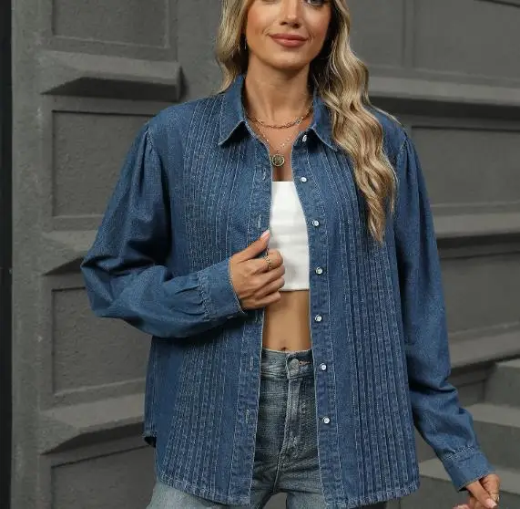 

Autumn New Women's Washed Denim Fabric Loose Shirt Fashionable Lapel Groove Decoration Button Long Sleeved Denim Shirt