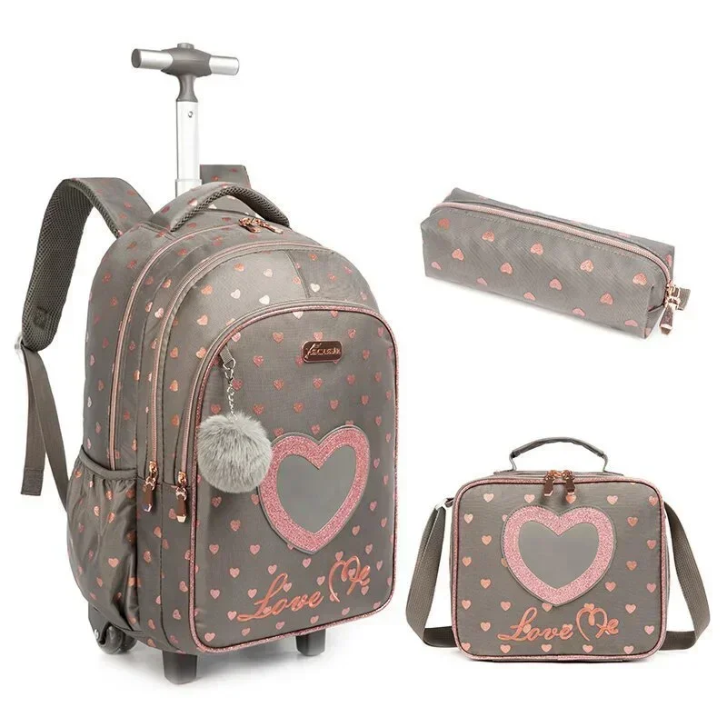 Mochila de rodas infantil com lancheira, Mochila de rolamento escolar com rodas, Trolley Bag para meninas