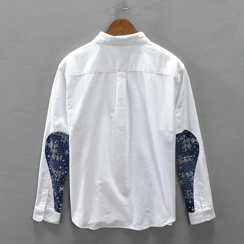 Japanse Mode Lange Mouw Witte Mannen Lente Zomer Puur Katoenen Causale Shirts Revers Zak Bedrukt Shirt Eenvoudige Mannen Kleding