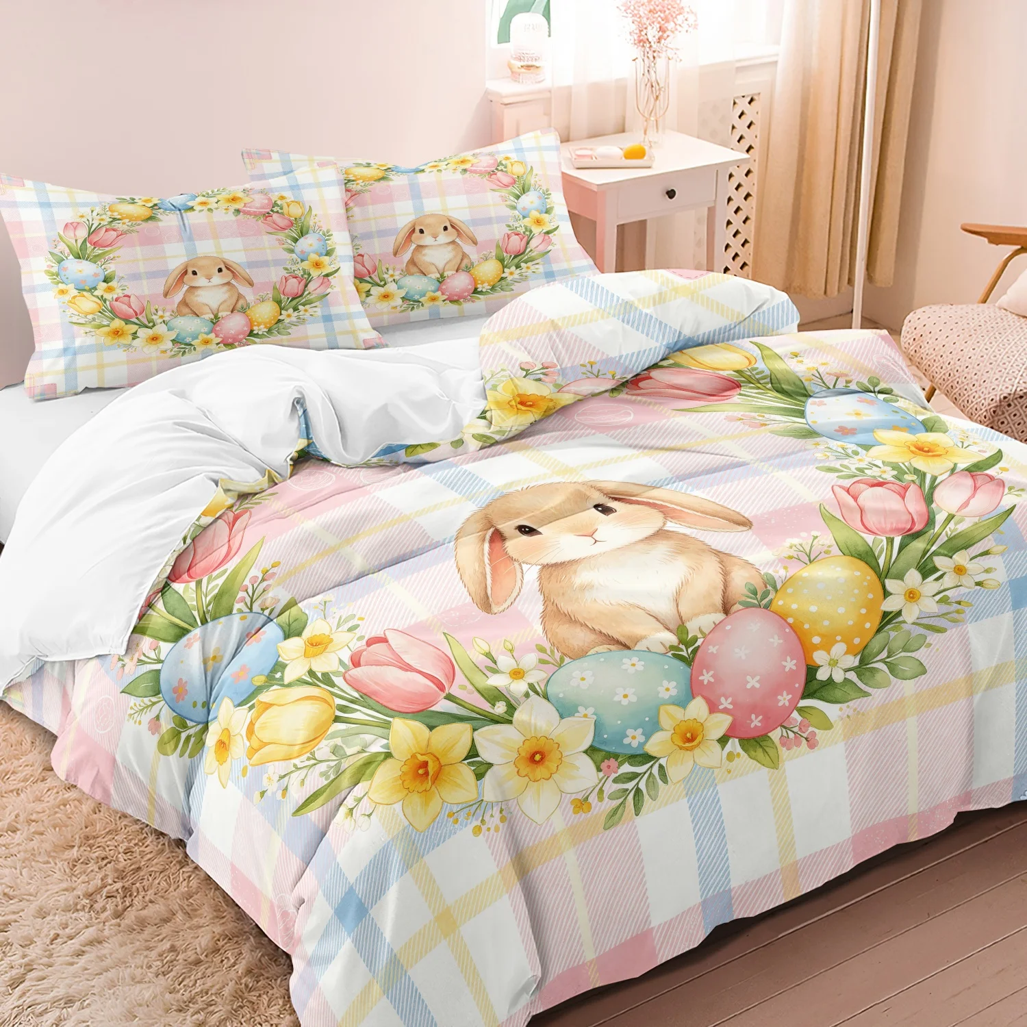 3Pcs Sweet Watercolor Bunny Print Duvet Cover, Pastel Pink Blue Plaid Rabbit Floral Wreath Tulips and Pastel Eggs Print Bedding