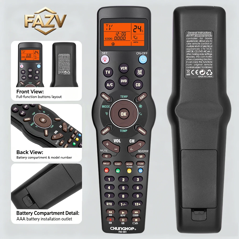 Multifunctional 6-in-1 universal learning remote control suitable TV/set-top box/air conditioner/CD/DVD/audio CHUNGHOP RM-991