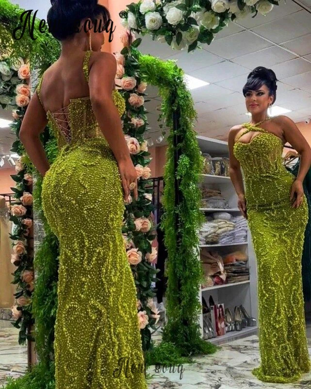 Stunning Beading Stones Sage Green Evening Dress Straps Cross  Mermaid Wedding Guest Gowns for Women Dubai Birthday Dress custom