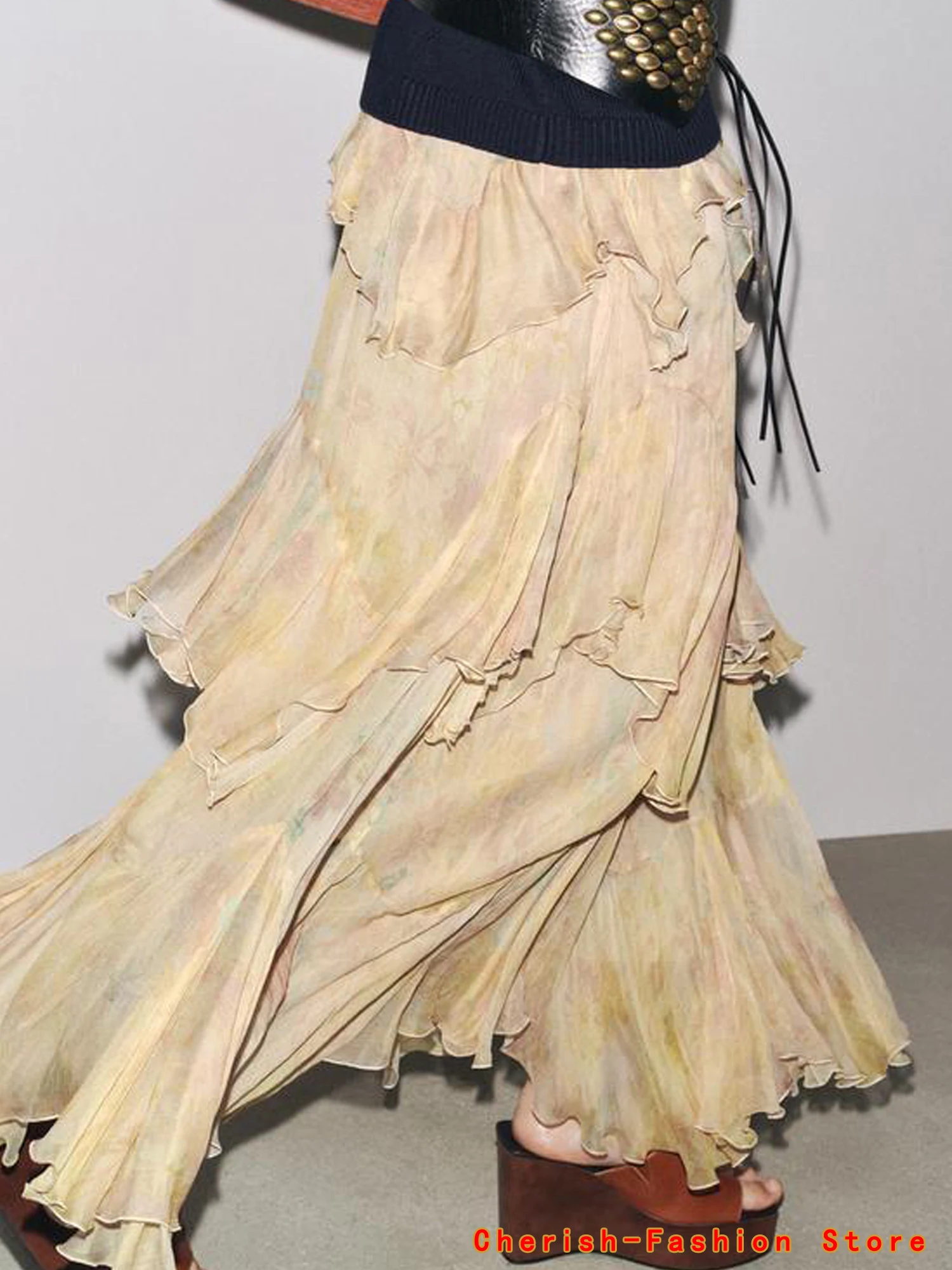 Spódnica w stylu francuskim z kwiatową koronką, linia A, wiosna-jesień, nowa damska spódnica z falbanami, drukowana spódnica do połowy łydki, włókno poliestrowe.