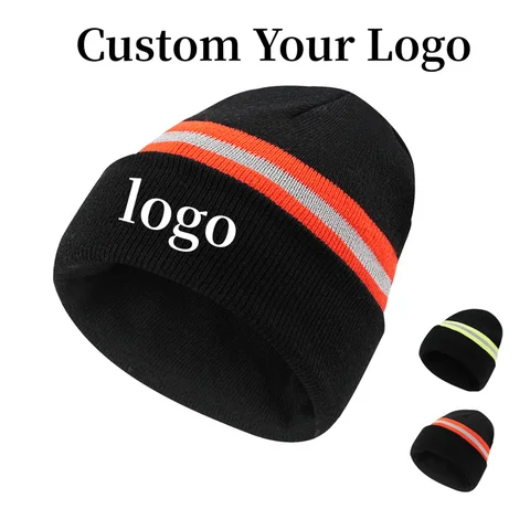 Custom Logo Jacquard Striped Knitted Hat For Men Suitable For Outdoor Cycling Reflective Warning Wool Hat With Fluorescent Color