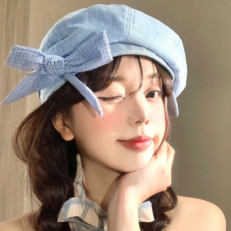 

Japanese Literary Plaid Bow Denim Forward Hat Spring and Summer Street Sweet Short-brimmed Flat-topped Newsboy Cap for Women