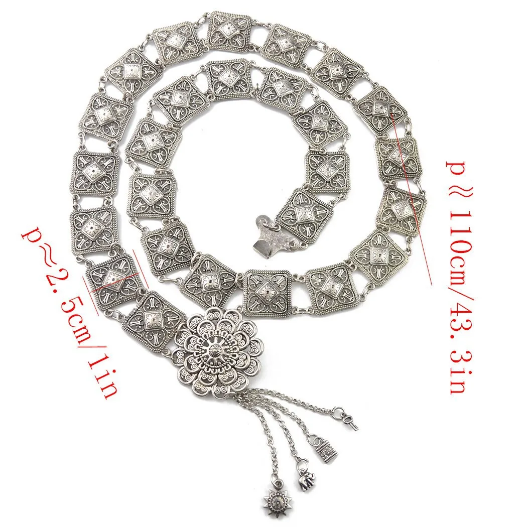 Hot Sale Bohemian Retro Silvery Body Jewelry Gypsy Turk Flower Hollow Blocks Charms Belt Chain Belly Summer Body Waist Accessory