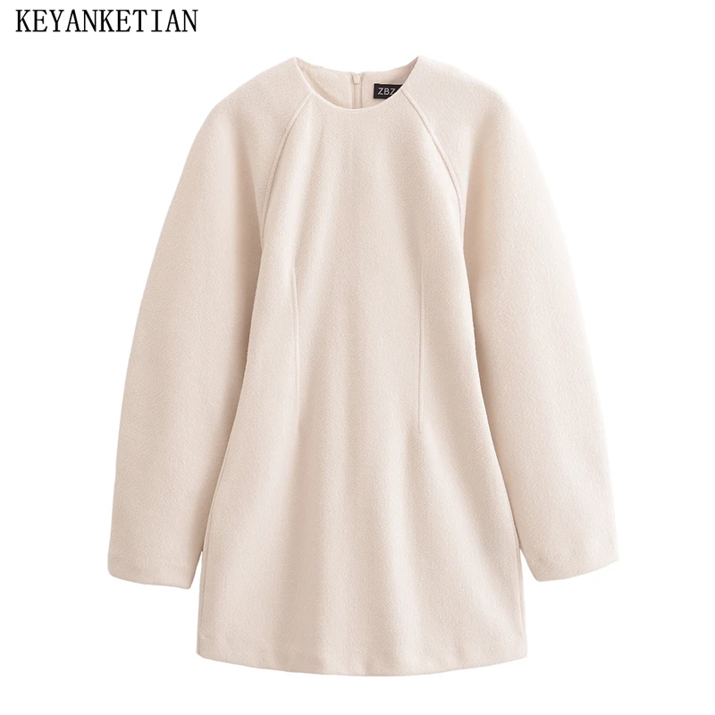 KEYANKETIAN 2024 Autumn/Winter New Women's Puff Sleeve O-Neck Woolen Dress Seam Detail Back Zipper Slim Elegant Simply Dresses