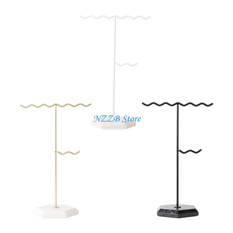 

T21F Decorative Metal Jewelry Stand With Detachable Earring Rack Waved Necklace Hanger Marble Finish For Jewelry Storage