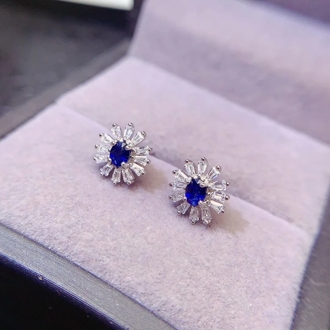 

SHILOVEM 925 sterling silver Natural sapphire stud earrings fine Jewelry women wedding gift wholesale 3*4mm le0304666agl