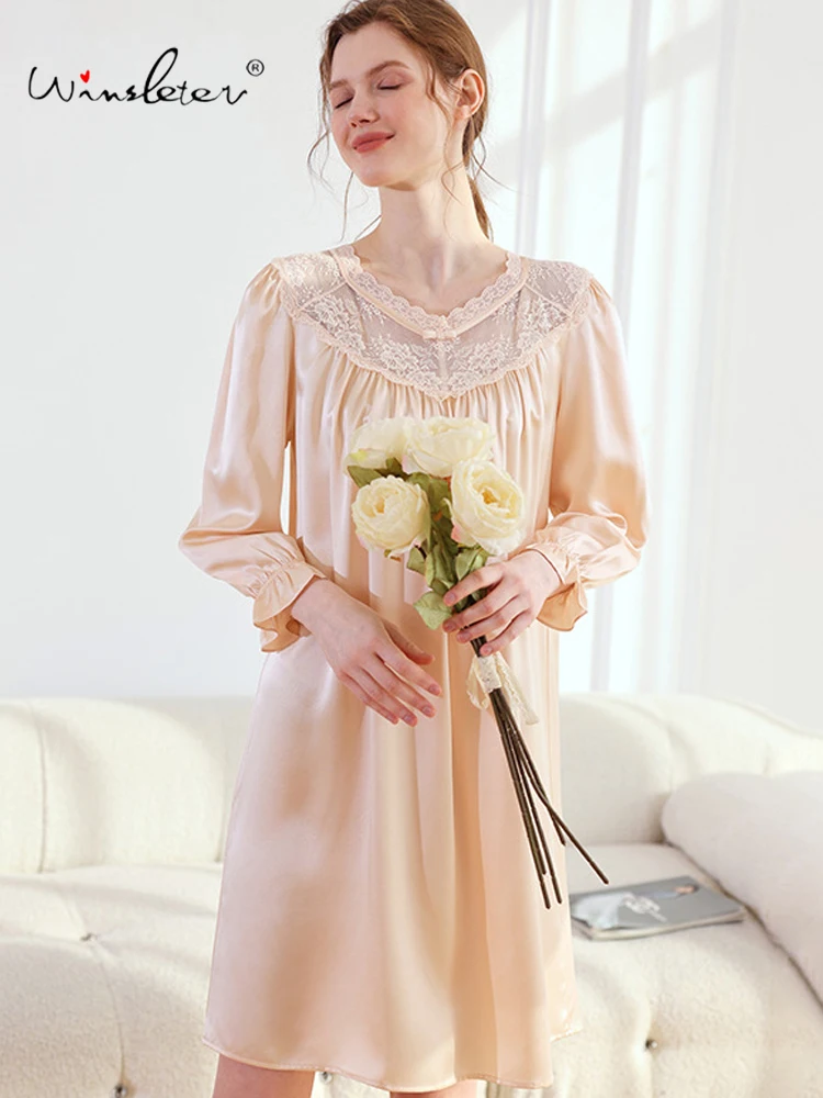 Winsleter-19MM 100%Real Silk Sexy Nightgown, Long Sleeve V Neck Lace, Women French Chic Pajamas Dress, 2025 Autumn New P5O803CC