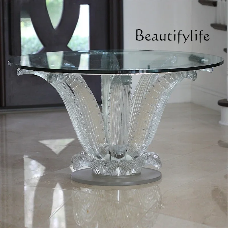 U Italian Light Luxury Designer Creative Round Dining Table Living Room Resin Cactus Table High-end Glass Table