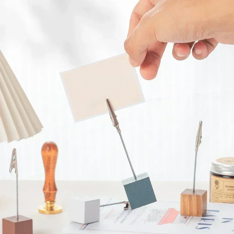 5 قطعة مقاطع مذكرة خشبية حامل بطاقة الأعمال معدن مربع صور عرض موقف رسالة ملاحظة حامل مكتب عمل منظم