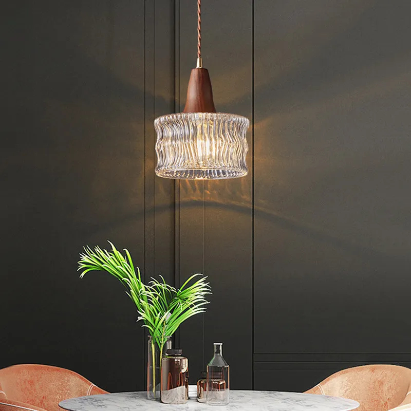 Modern Nordic Walnut Wood Pendant Lights Industrial Decor Glass Chandeliers Bedside Restaurant Kitchen Bar Counter Hanging Lamps