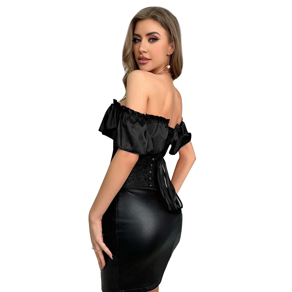 Women Sexy Puff Ruffle Sleeve Overbust Corset Steel Bone Off Shoulder Jacquard Waist Bustier Top Black