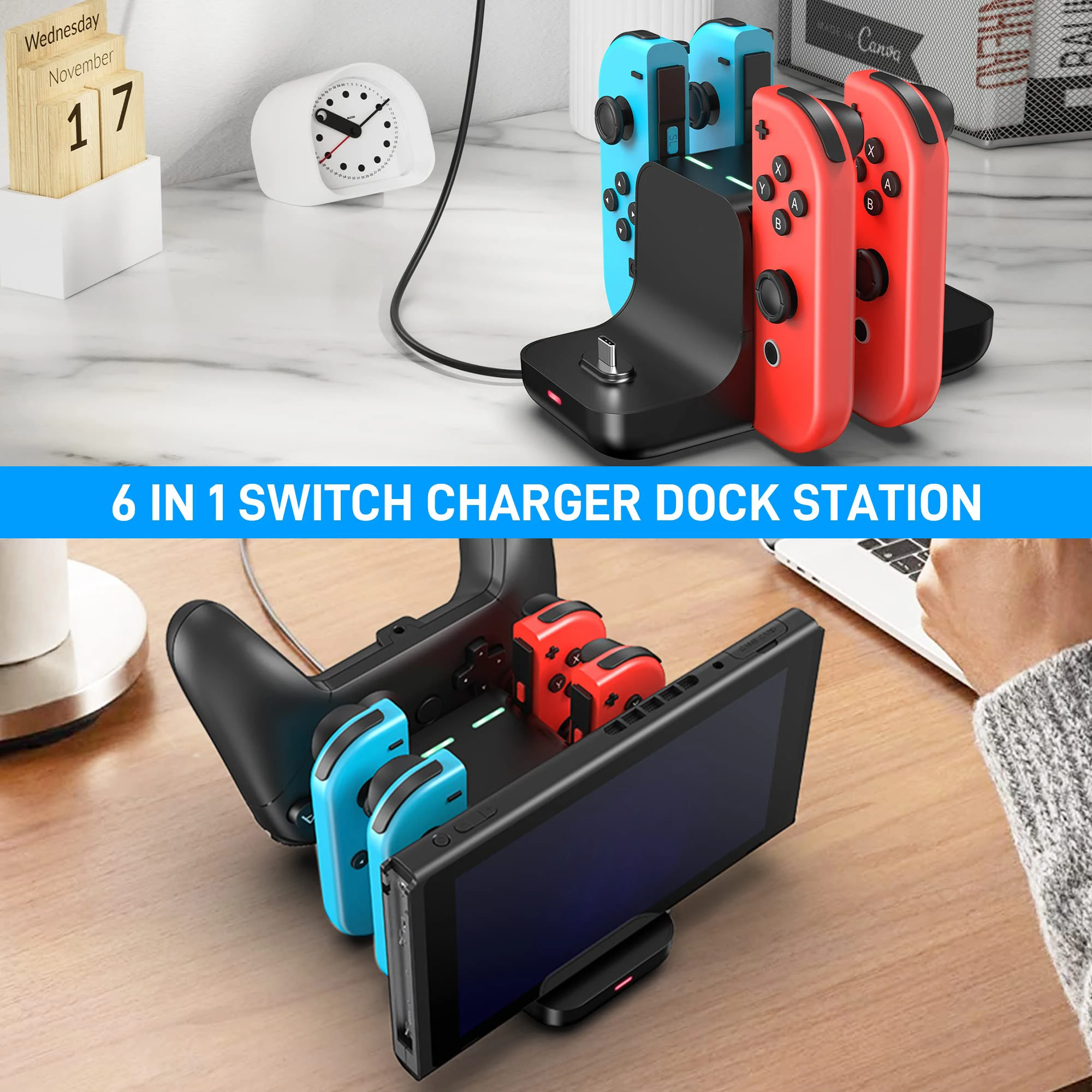 6 in 1 Switch Charger Dock Station, Charging Dock Storage Stand for Switch and Pro Controller with USB C Charging Cable, Black