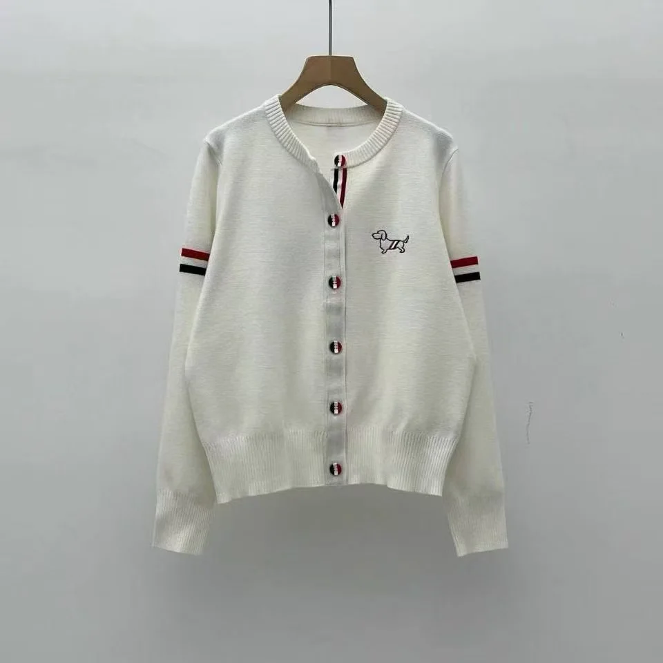 Novo outono cão bordado camisola feminina de malha o pescoço manga longa contraste cor casual solto cardigan casual topo malhas