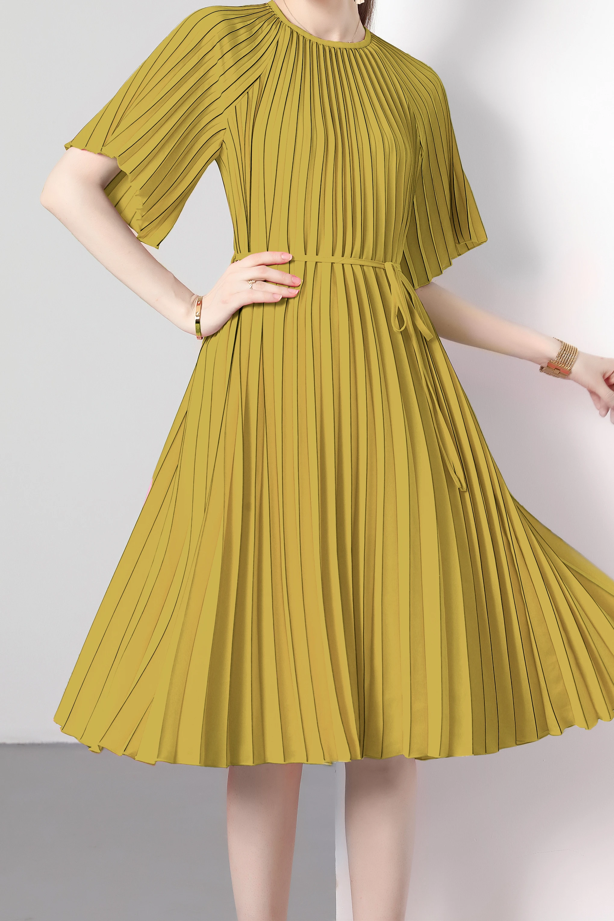 Miyake Plissee Damen Rundhals Schnürung lose Plus Size Kleid langen Falten rock einfachen alters reduzierenden mädchen haften Falten rock