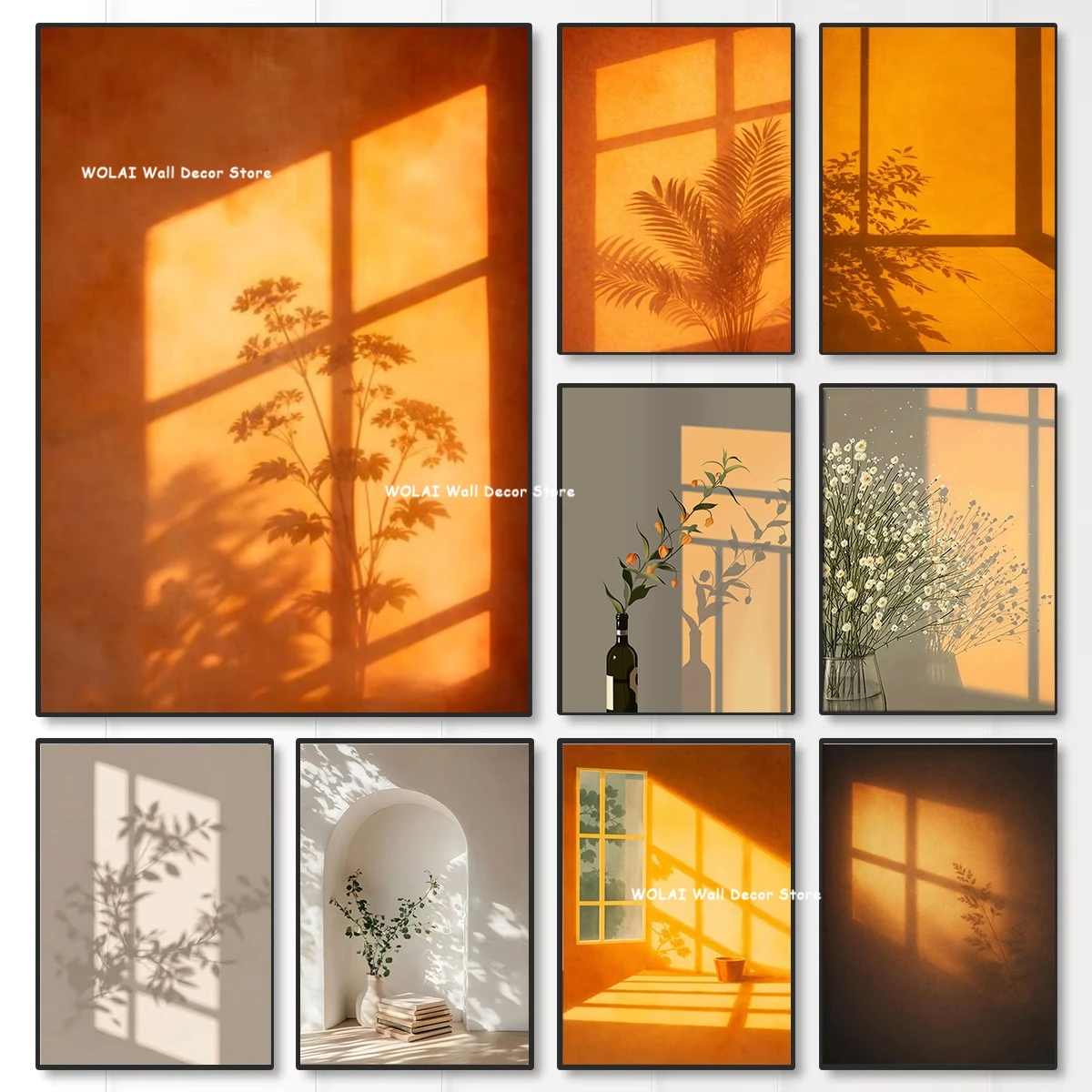 Sonnenuntergang Fensterschatten Pflanzen Leinwanddruck Warme Terrakotta Ästhetisches Wandkunst-Poster für Moderne Minimalistische Natürliche Heimdekoration
