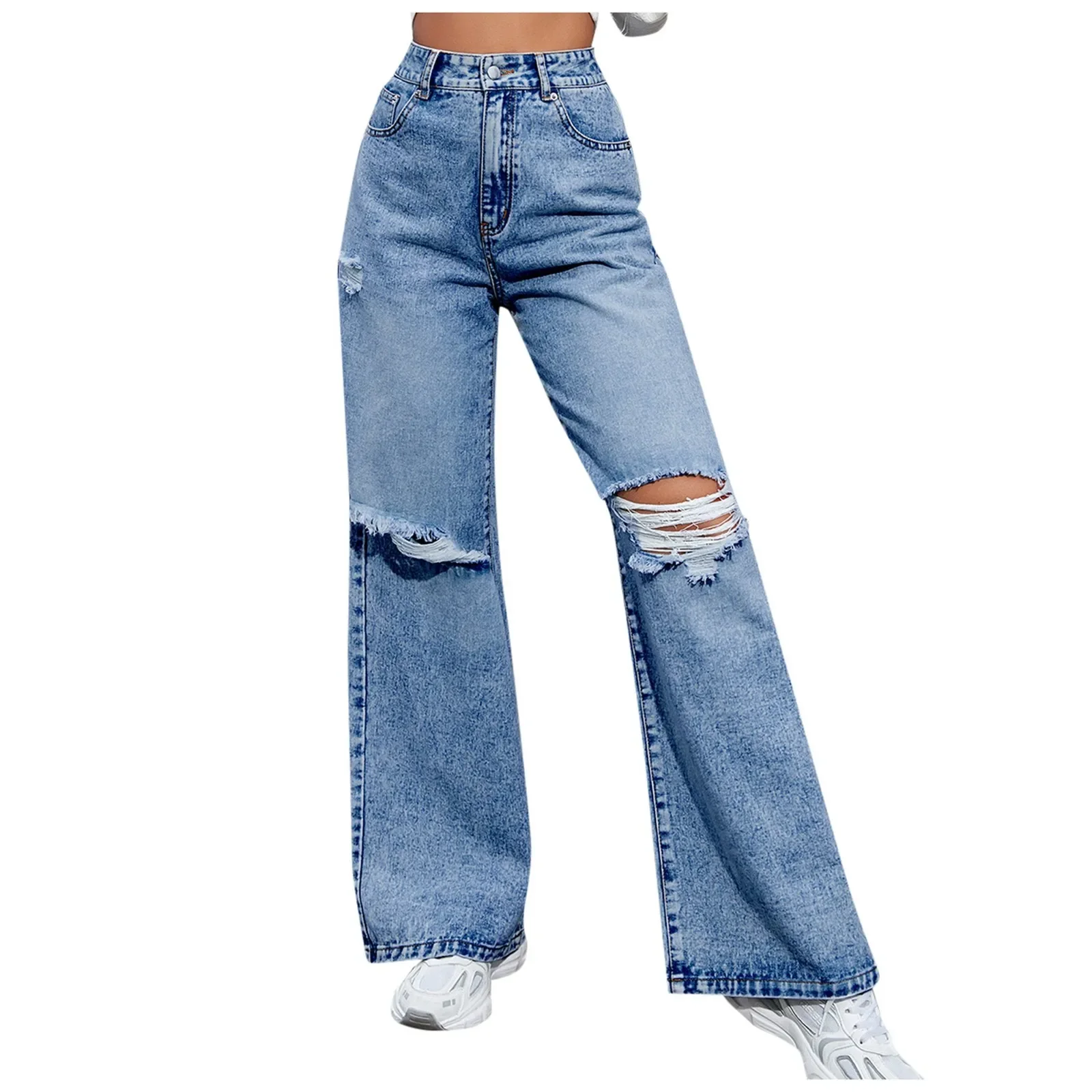 Eenvoudige rechte damesjeans, met scharniergespontwerp, losse stijl met hoge taille, modieuze casual jeans met zakken