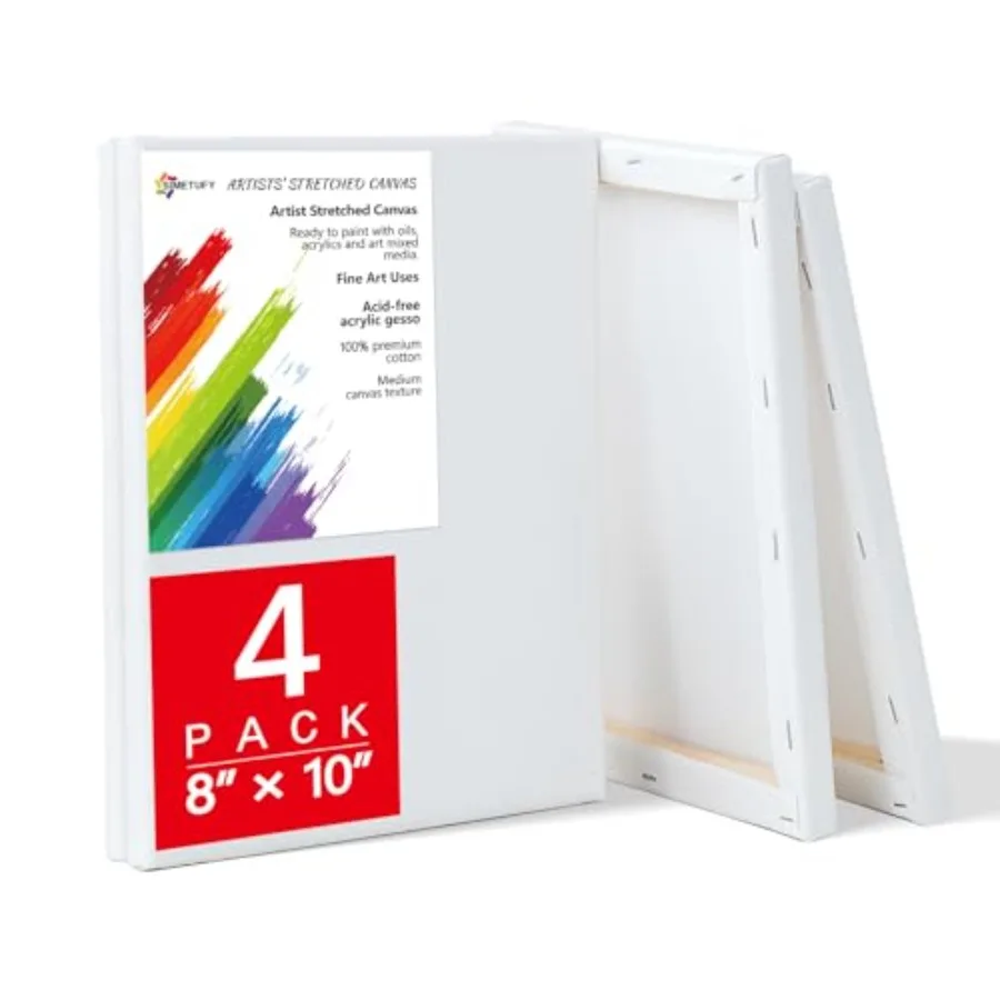 

4 Pack Stretched Canvas for Painting 8x10 Inch, 100% Cotton Blank Art Canvases for Acrylic or Oil Paint, Pre-Primed, 5/8 Inch P