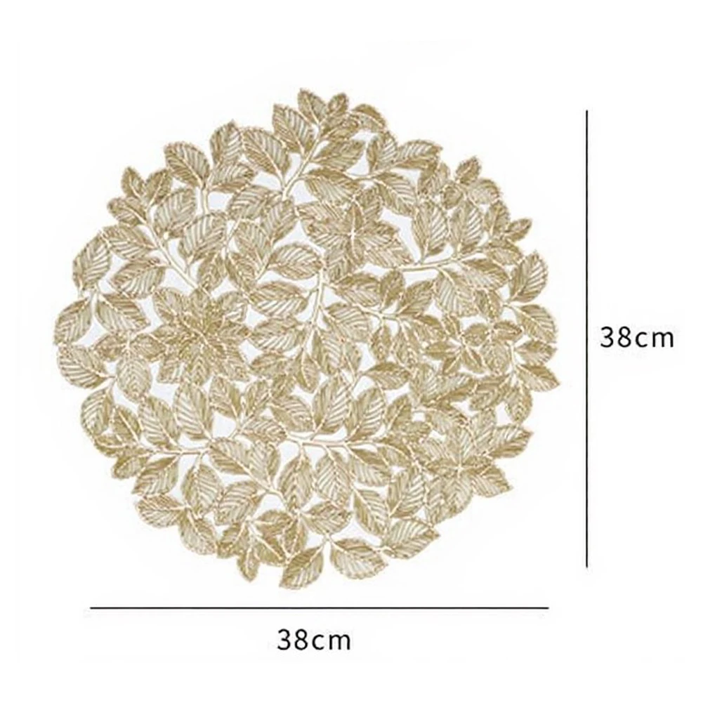 8 Round Gold Plastic Placemats 38CM Leaf Cutout Design Heat Resistant Table Coasters for Bowls Plates Cups Table Decoration