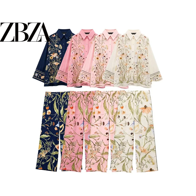 Floral Pattern Long Sleeve Shirt And Pants Set High Waist Trousers Button Closure Loose Fit European Style Spring Fashion for...