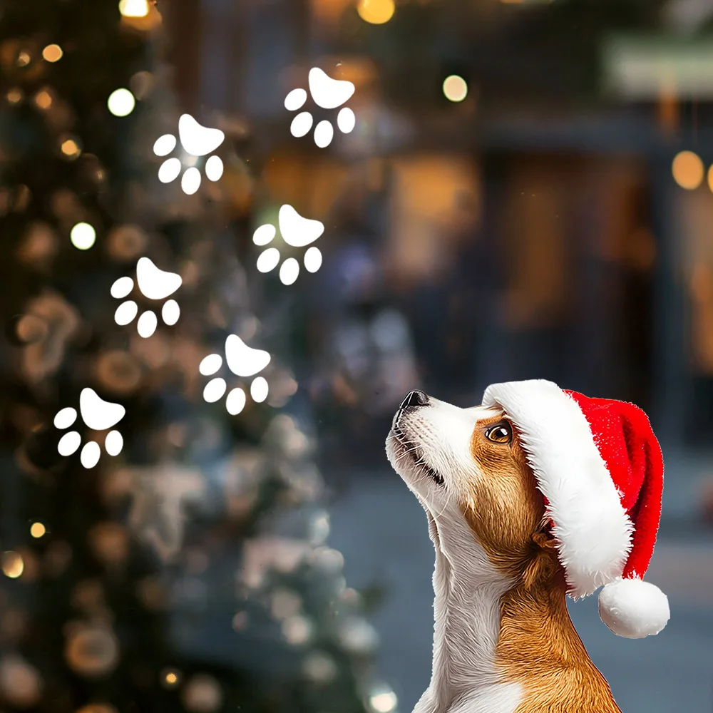 Christmas Hat Dog Footprint Glass Window Home Decoration Beautification Electrostatic Wall Stickers for Kids Rooms