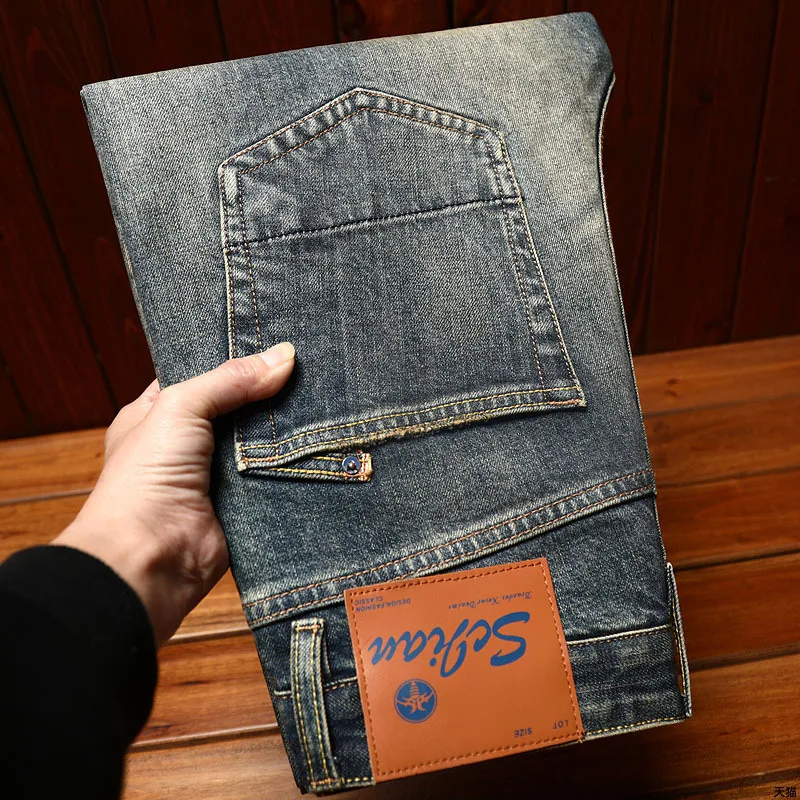 Jeans Denim telinga merah pria, celana panjang kasual pria muda warna Retro ramping lurus nostalgia klasik